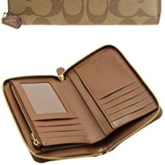 NWT Coach Medium Zip Around Signature Coated Canvas Wallet F88913 Khaki / Saddle - Picture 6 of 9